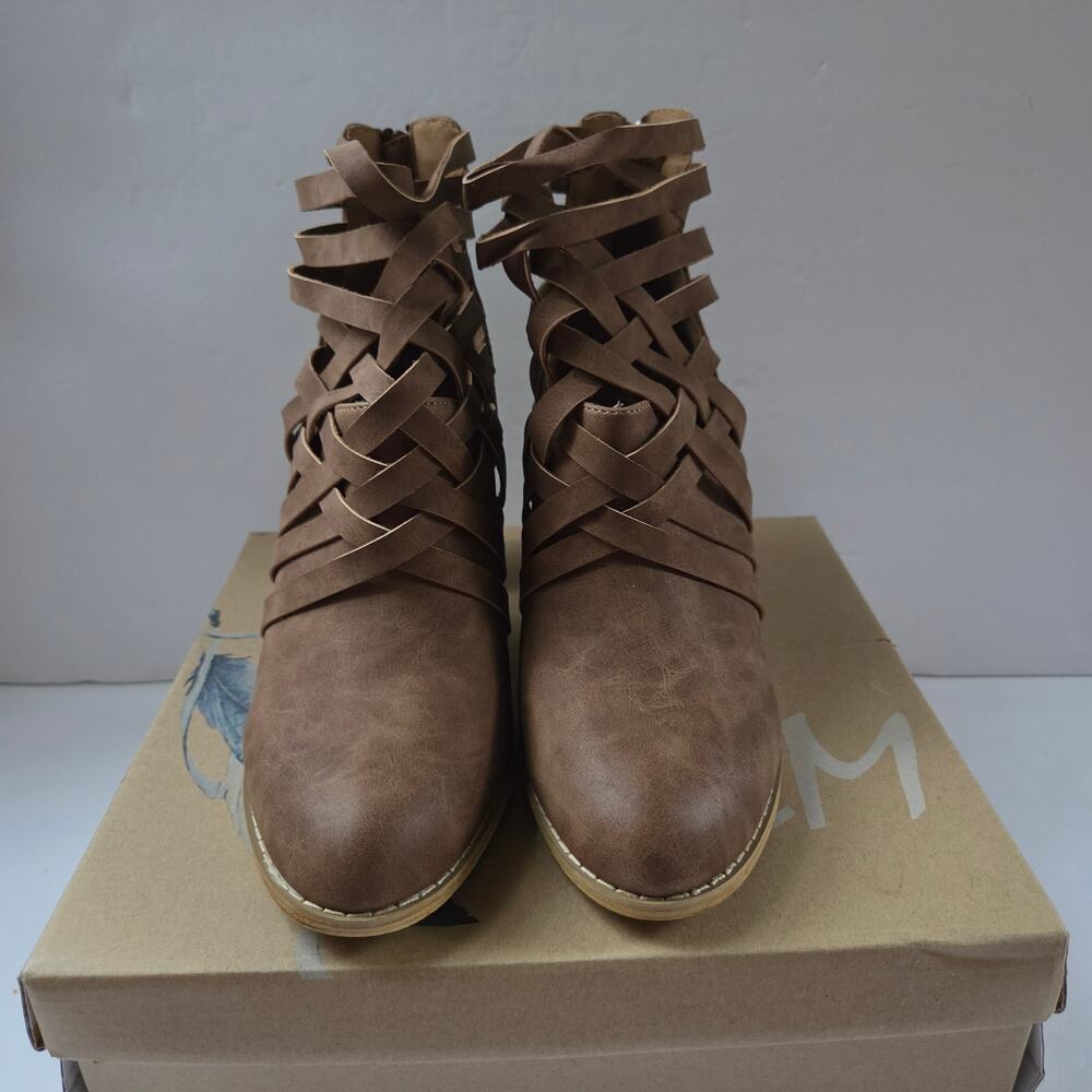 Mi.iM URBAN‑05 Brown Woven Strap Ankle Booties Stacked Heel Size 9 NIB - Picture 13 of 16